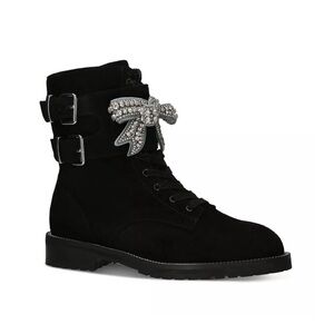 Kurt Geiger Sutton Bow Rhinestone Suede Combat Boot Black NWOT New